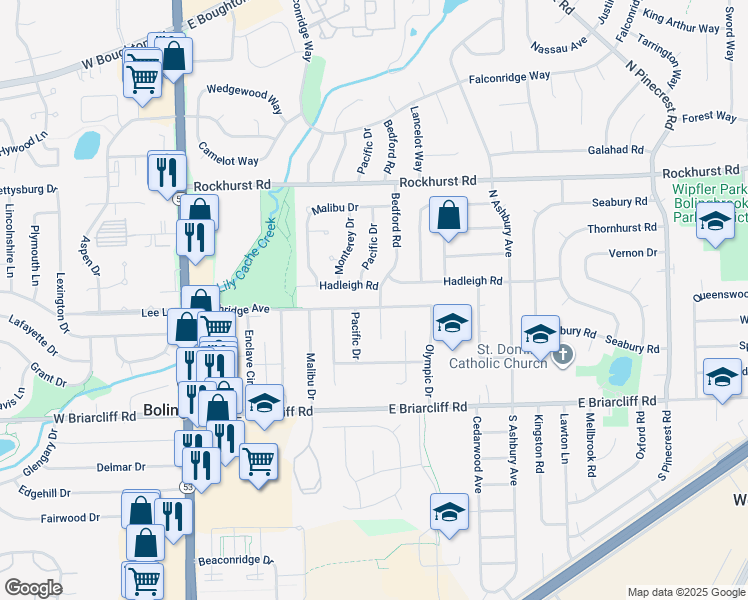 map of restaurants, bars, coffee shops, grocery stores, and more near 169 Bedford Road in Bolingbrook