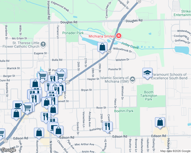 map of restaurants, bars, coffee shops, grocery stores, and more near 54501-54593 28th Street in South Bend