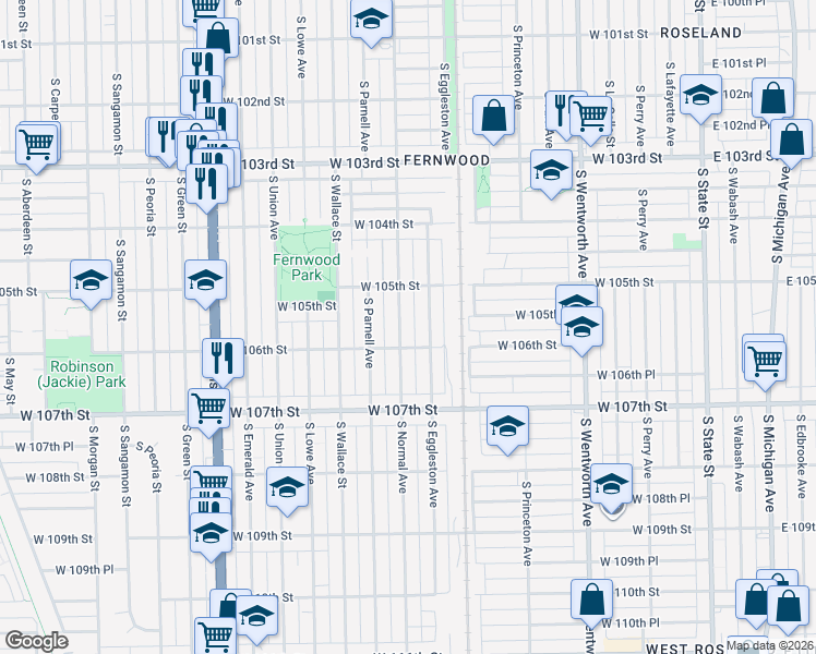 map of restaurants, bars, coffee shops, grocery stores, and more near 10600 South Eggleston Avenue in Chicago
