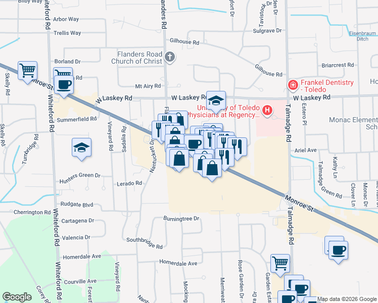 map of restaurants, bars, coffee shops, grocery stores, and more near 5231 Monroe Street in Toledo