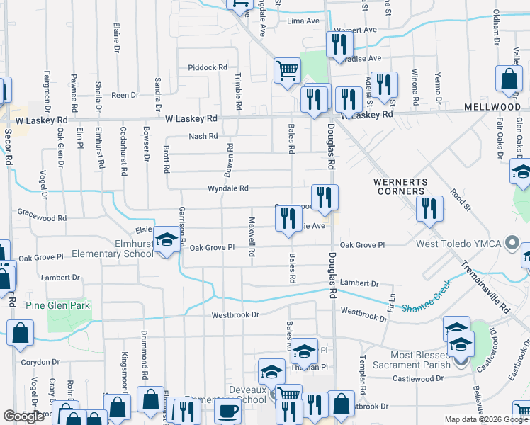 map of restaurants, bars, coffee shops, grocery stores, and more near 2649 Elsie Avenue in Toledo
