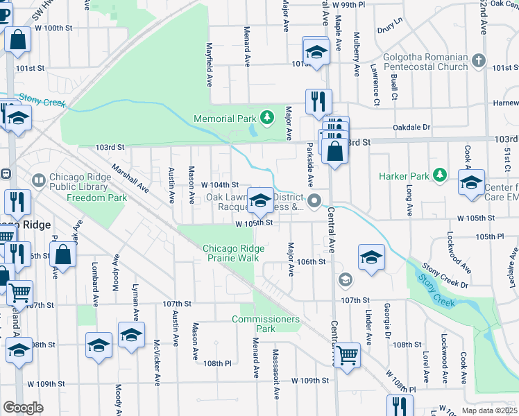 map of restaurants, bars, coffee shops, grocery stores, and more near 10445 Massasoit Avenue in Oak Lawn