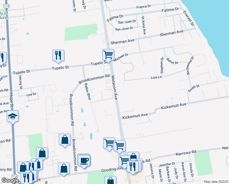 map of restaurants, bars, coffee shops, grocery stores, and more near 665 Metacom Avenue in Bristol