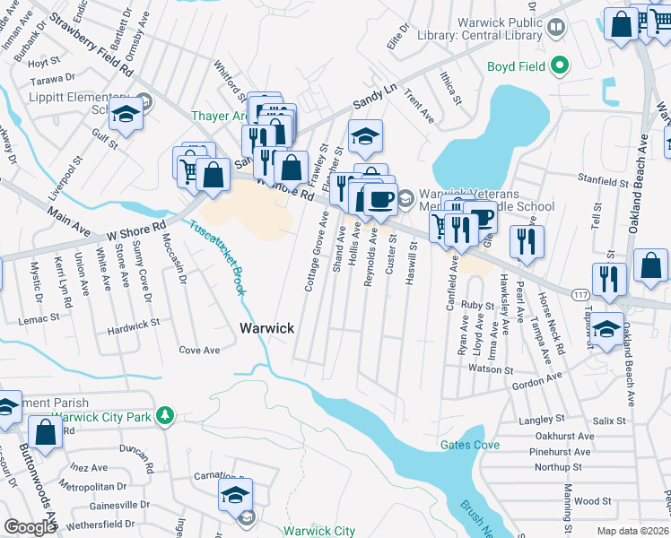 map of restaurants, bars, coffee shops, grocery stores, and more near 101 Pinegrove Avenue in Warwick