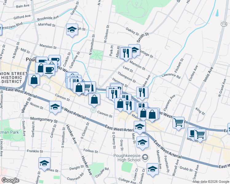 map of restaurants, bars, coffee shops, grocery stores, and more near 503 Main Street in Poughkeepsie