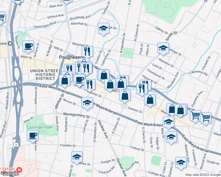 map of restaurants, bars, coffee shops, grocery stores, and more near 406 Main Street in Poughkeepsie
