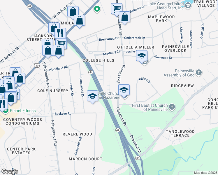 map of restaurants, bars, coffee shops, grocery stores, and more near 436 Station 44 Pl in Painesville
