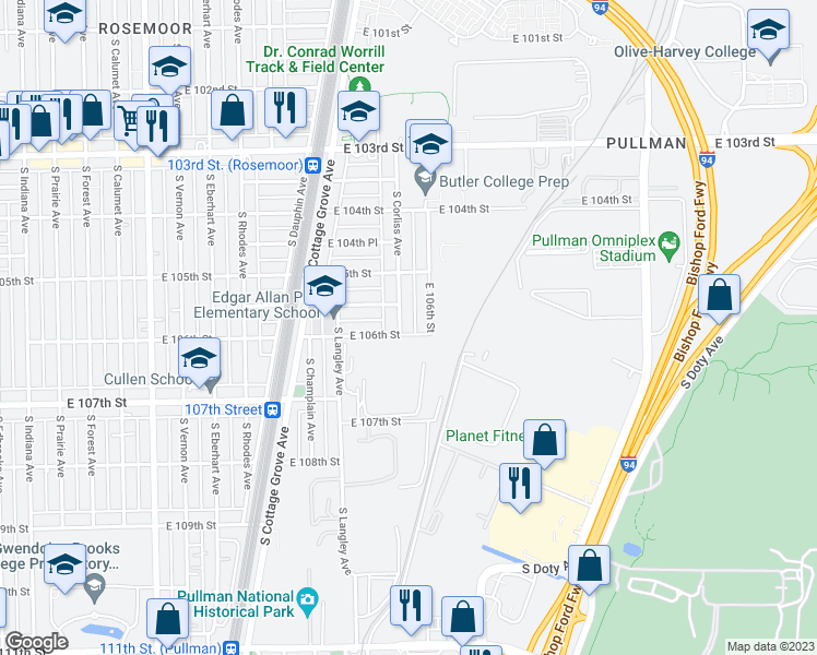 map of restaurants, bars, coffee shops, grocery stores, and more near 818 East 106th Street in Chicago