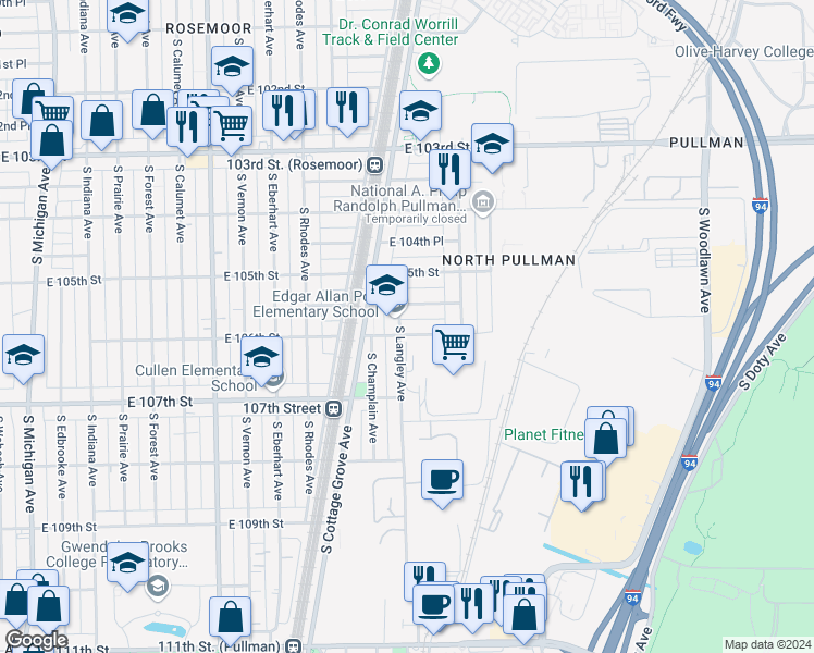 map of restaurants, bars, coffee shops, grocery stores, and more near 10616 South Langley Avenue in Chicago