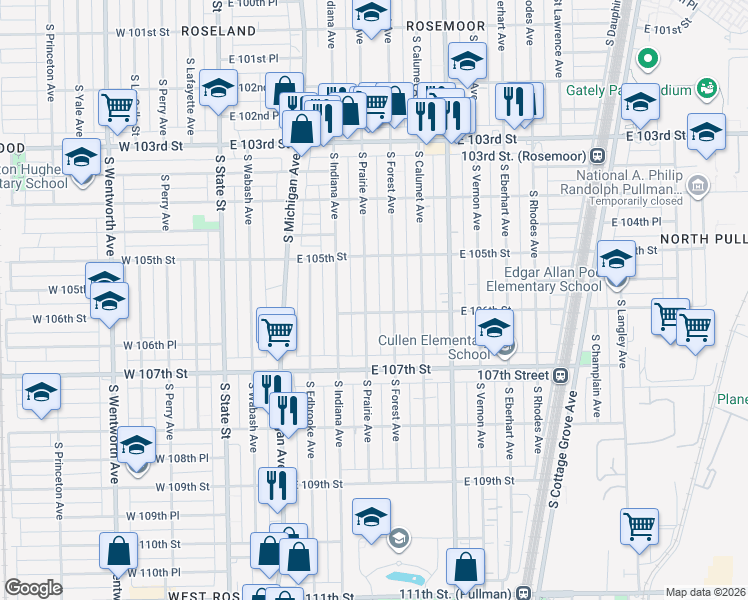 map of restaurants, bars, coffee shops, grocery stores, and more near 10604 South Forest Avenue in Chicago