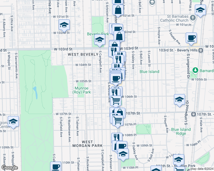 map of restaurants, bars, coffee shops, grocery stores, and more near 10543 South Artesian Avenue in Chicago