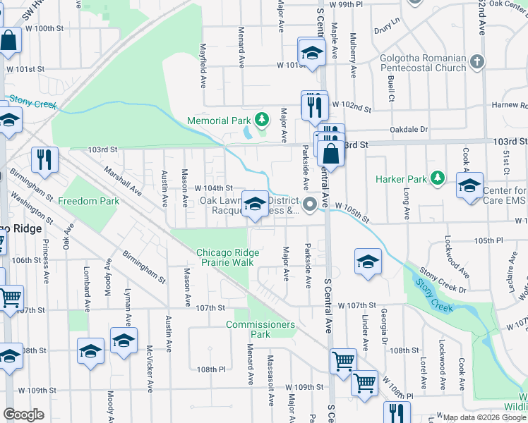 map of restaurants, bars, coffee shops, grocery stores, and more near 10445 Massasoit Avenue in Oak Lawn