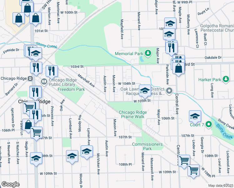 map of restaurants, bars, coffee shops, grocery stores, and more near 10451 Mason Avenue in Oak Lawn