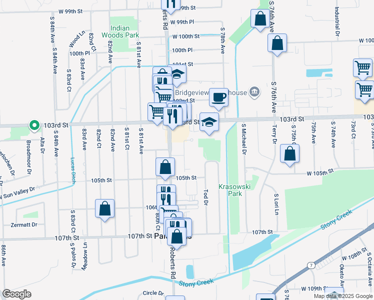map of restaurants, bars, coffee shops, grocery stores, and more near in Palos Hills