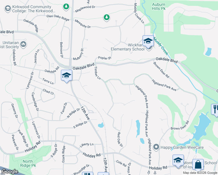 map of restaurants, bars, coffee shops, grocery stores, and more near 2012 Timber Lane in Coralville