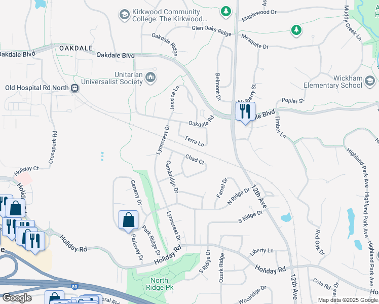 map of restaurants, bars, coffee shops, grocery stores, and more near 6 Chad Court in Coralville
