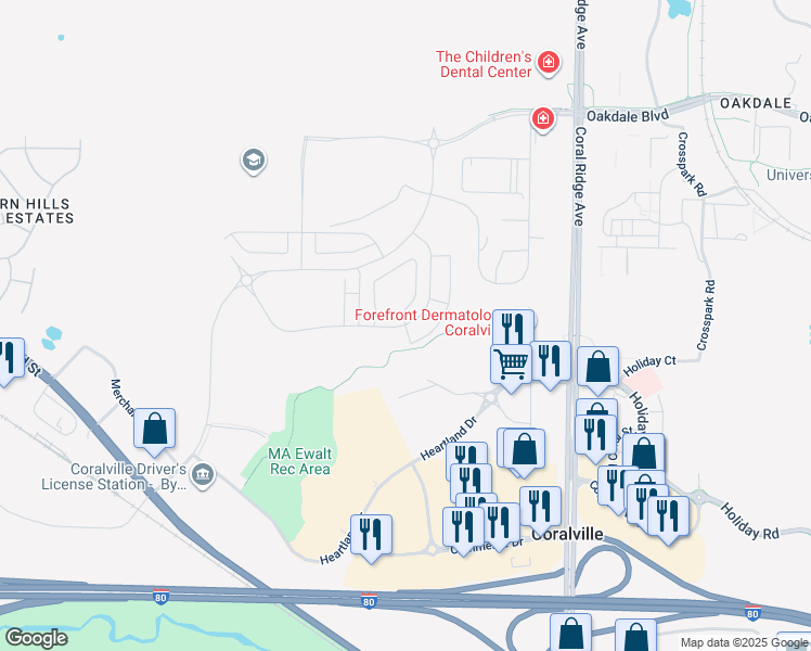 map of restaurants, bars, coffee shops, grocery stores, and more near 2779 Heartland Drive in Coralville
