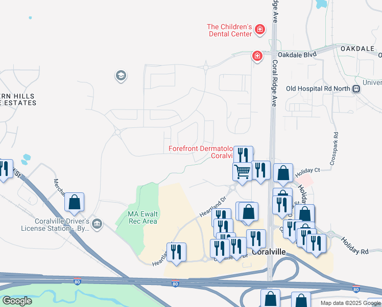 map of restaurants, bars, coffee shops, grocery stores, and more near 2779 Heartland Drive in Coralville
