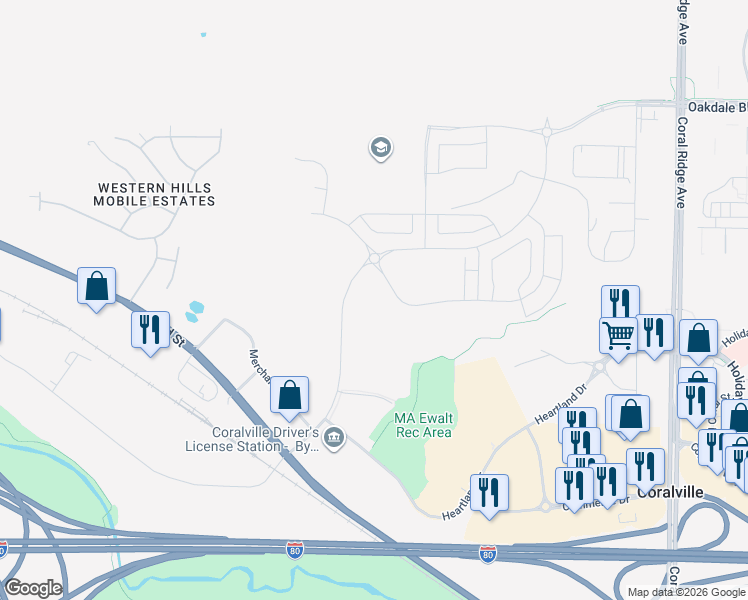 map of restaurants, bars, coffee shops, grocery stores, and more near 2332 Liberty Drive in Coralville