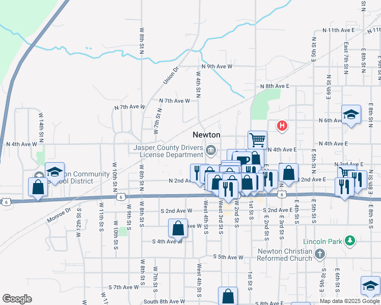 map of restaurants, bars, coffee shops, grocery stores, and more near 422 S 2nd Ave E in Newton