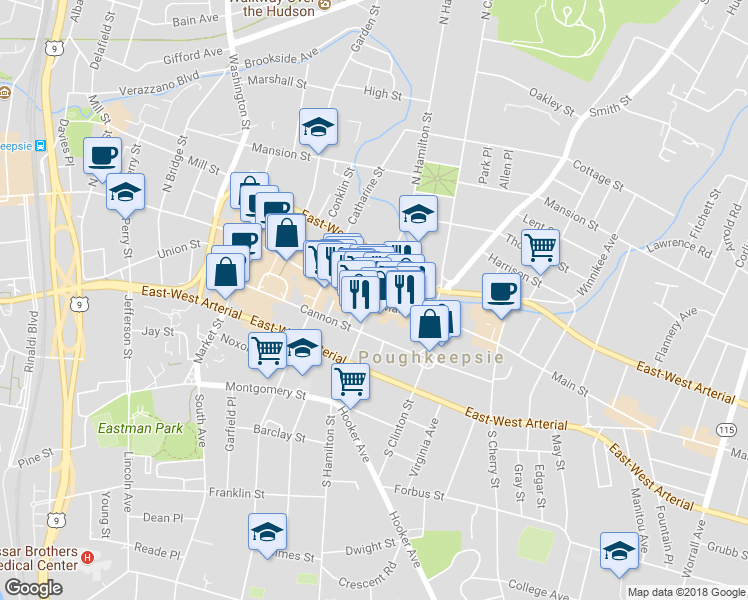 map of restaurants, bars, coffee shops, grocery stores, and more near 3 North Hamilton Street in Poughkeepsie