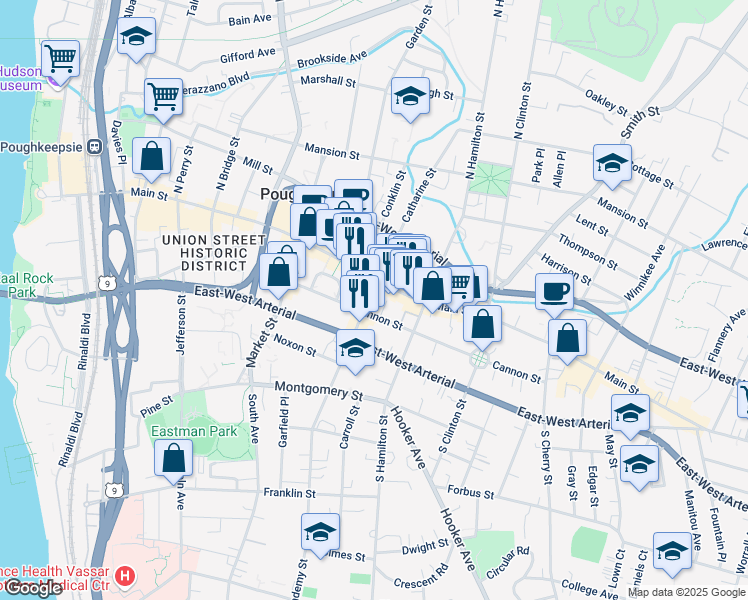 map of restaurants, bars, coffee shops, grocery stores, and more near 13 Academy Street in Poughkeepsie