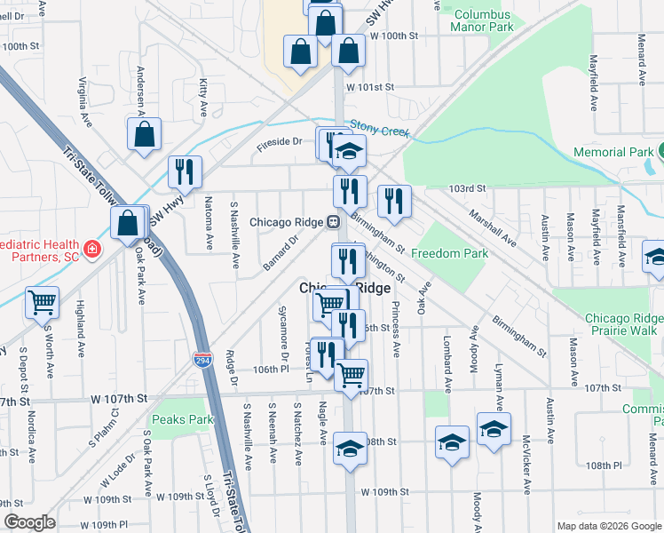 map of restaurants, bars, coffee shops, grocery stores, and more near 10442 Ridgeland Avenue in Chicago Ridge