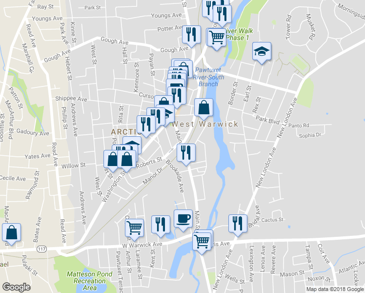 map of restaurants, bars, coffee shops, grocery stores, and more near 1326 Main Street in West Warwick