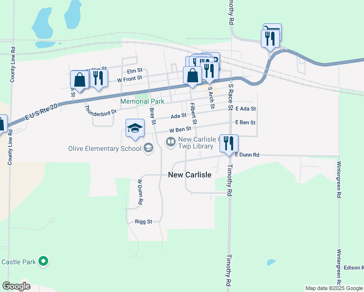 map of restaurants, bars, coffee shops, grocery stores, and more near 400-498 S Filbert St in New Carlisle