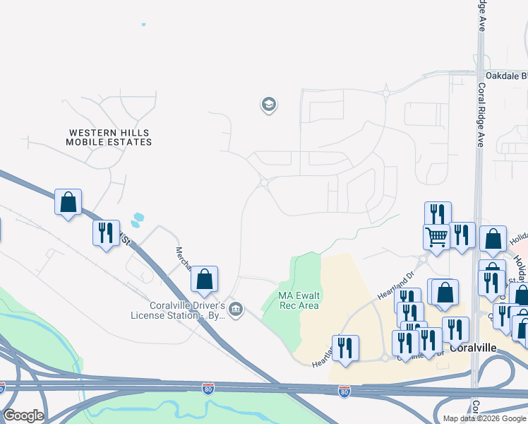 map of restaurants, bars, coffee shops, grocery stores, and more near 2332 Liberty Drive in Coralville