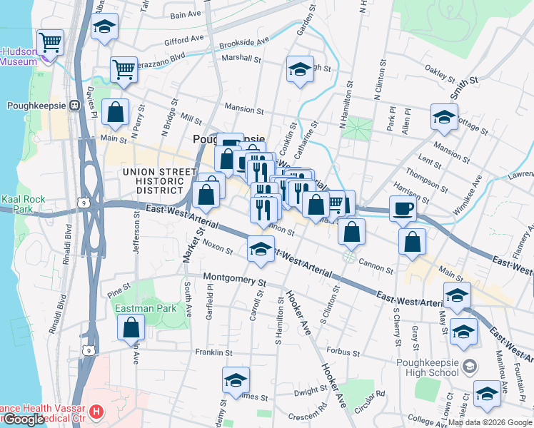map of restaurants, bars, coffee shops, grocery stores, and more near 20 Academy Street in Poughkeepsie