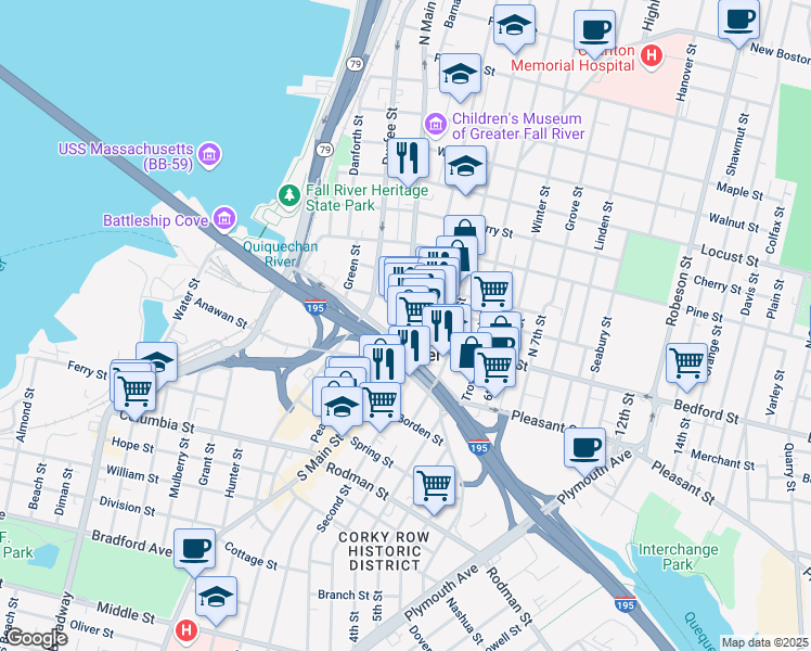 map of restaurants, bars, coffee shops, grocery stores, and more near 4 North Main Street in Fall River