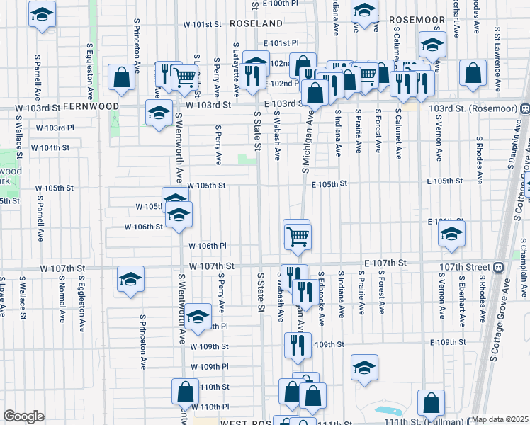 map of restaurants, bars, coffee shops, grocery stores, and more near 10516 South Wabash Avenue in Chicago