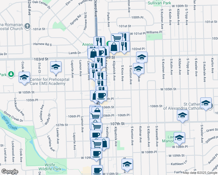 map of restaurants, bars, coffee shops, grocery stores, and more near 10416 Kilpatrick Avenue in Oak Lawn