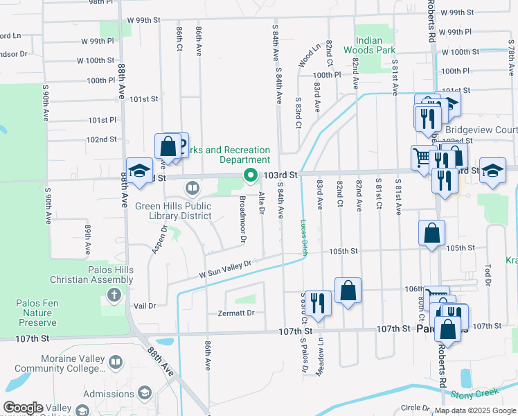 map of restaurants, bars, coffee shops, grocery stores, and more near in Palos Hills