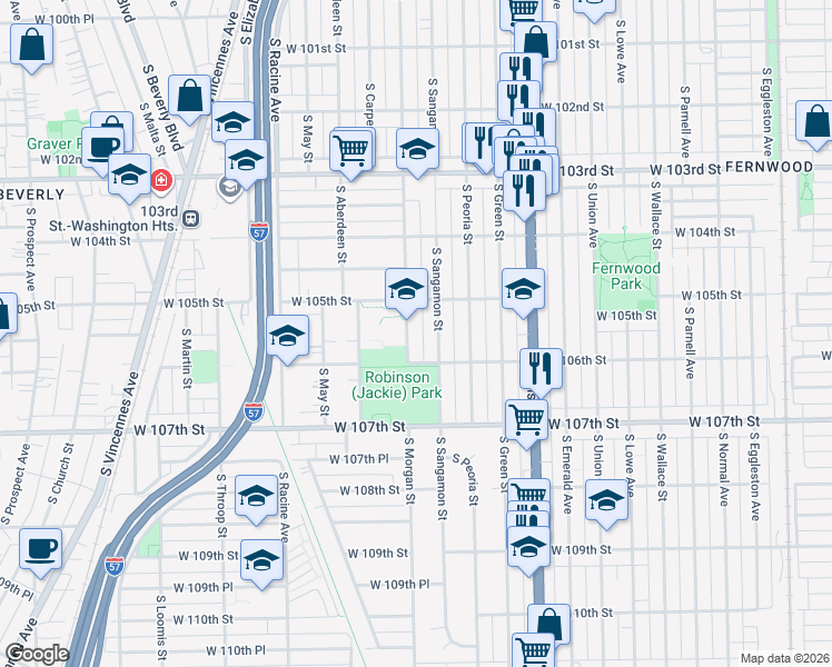 map of restaurants, bars, coffee shops, grocery stores, and more near 10504 South Sangamon Street in Chicago
