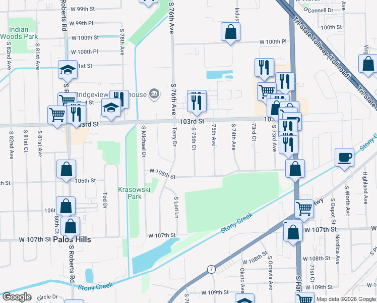 map of restaurants, bars, coffee shops, grocery stores, and more near 10330 South 75th Court in Palos Hills