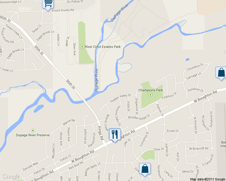 map of restaurants, bars, coffee shops, grocery stores, and more near 1680 Hidden Valley Drive in Bolingbrook