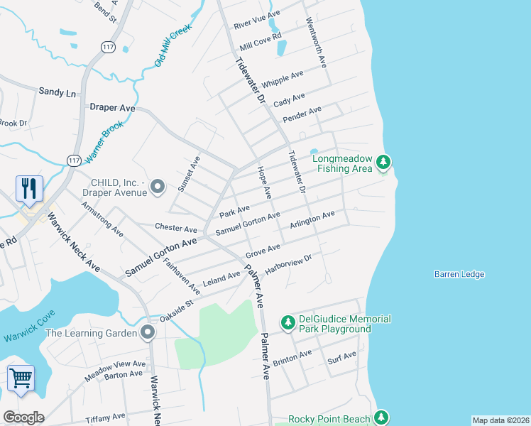 map of restaurants, bars, coffee shops, grocery stores, and more near 225 Samuel Gorton Avenue in Warwick