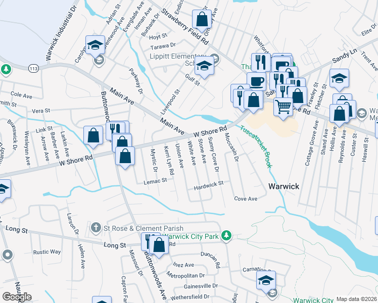 map of restaurants, bars, coffee shops, grocery stores, and more near 10 White Avenue in Warwick