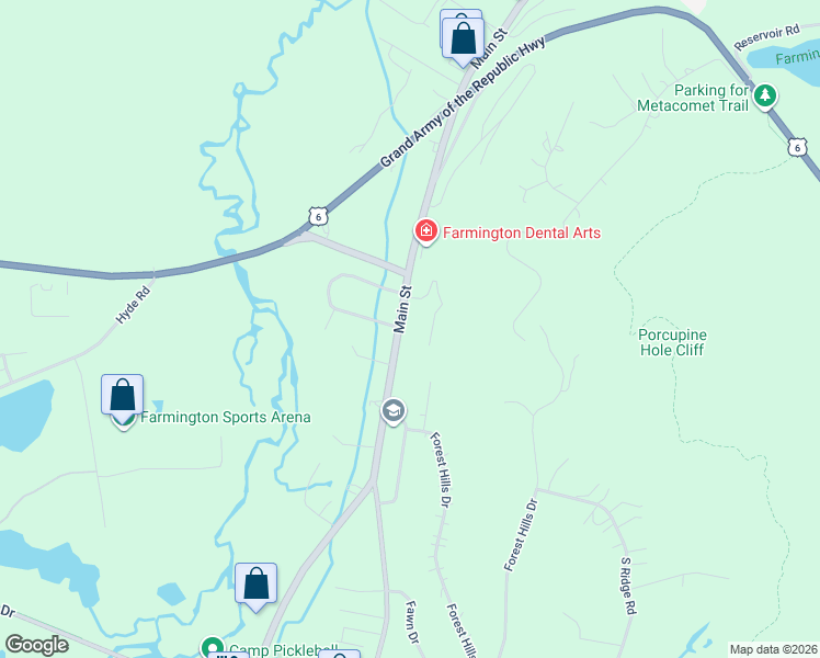 map of restaurants, bars, coffee shops, grocery stores, and more near 361 Main Street in Farmington