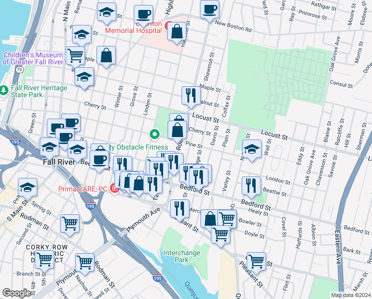 map of restaurants, bars, coffee shops, grocery stores, and more near 235 Tremont Street in Fall River