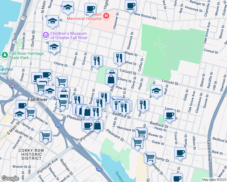 map of restaurants, bars, coffee shops, grocery stores, and more near 786 Pine Street in Fall River