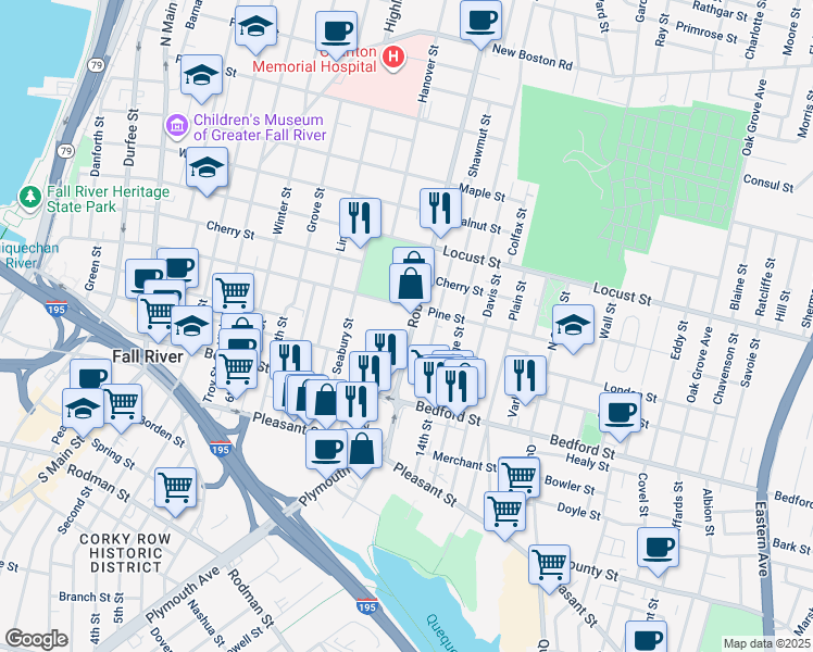 map of restaurants, bars, coffee shops, grocery stores, and more near 786 Pine Street in Fall River