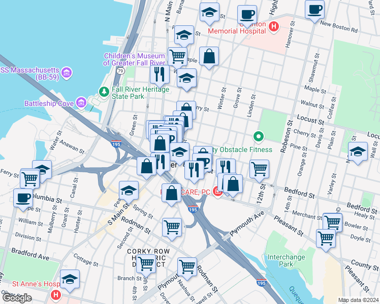 map of restaurants, bars, coffee shops, grocery stores, and more near 149 Franklin Street in Fall River