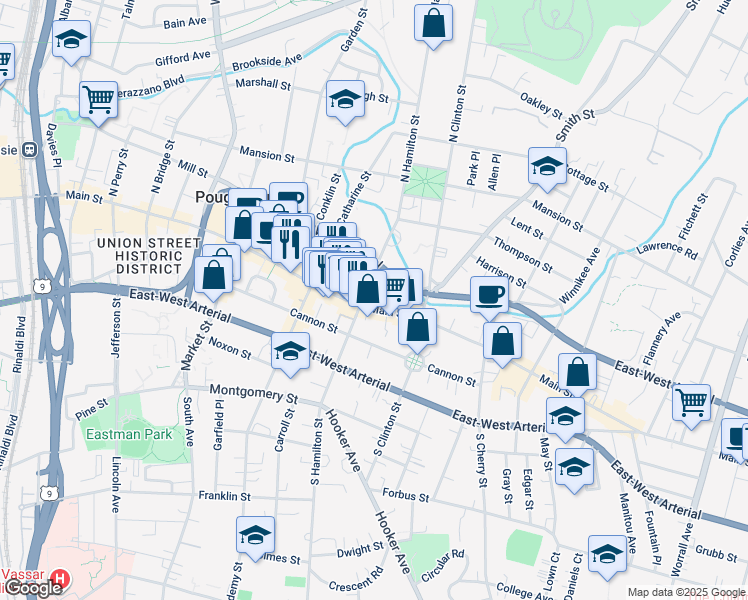 map of restaurants, bars, coffee shops, grocery stores, and more near 15 North Hamilton Street in Poughkeepsie