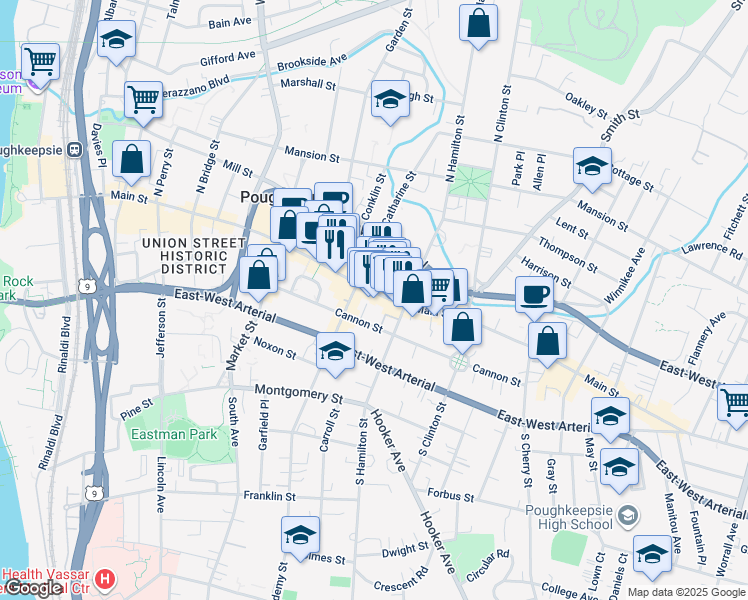 map of restaurants, bars, coffee shops, grocery stores, and more near 8 Crannell Street in Poughkeepsie