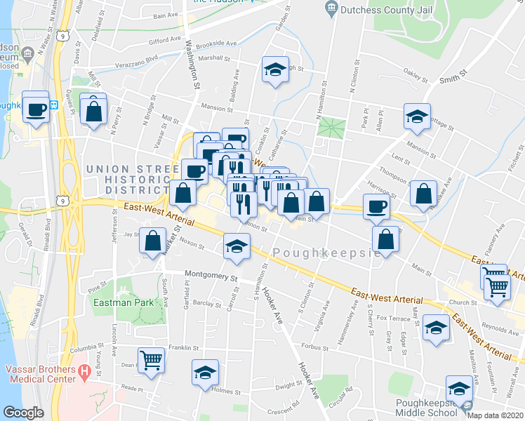 map of restaurants, bars, coffee shops, grocery stores, and more near 8 Crannell Street in Poughkeepsie