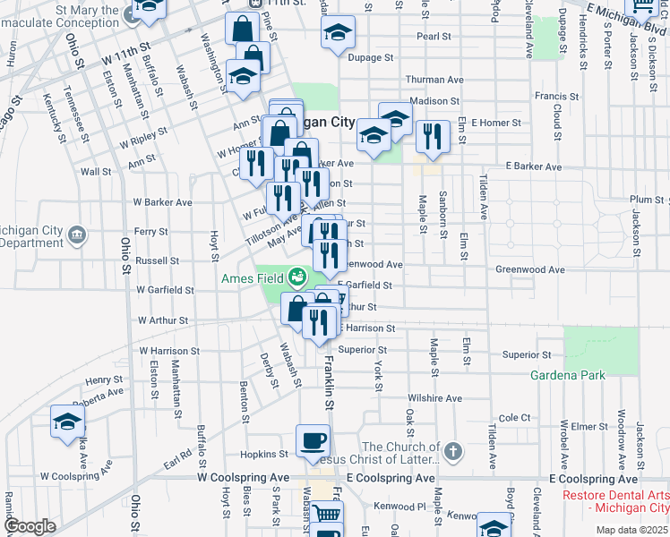 map of restaurants, bars, coffee shops, grocery stores, and more near 1706 Lafayette St in Michigan City