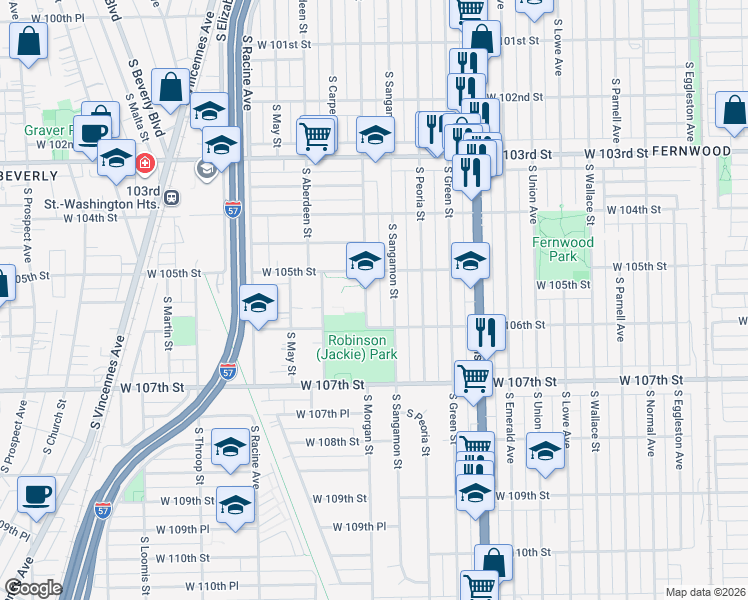map of restaurants, bars, coffee shops, grocery stores, and more near 10504 South Sangamon Street in Chicago